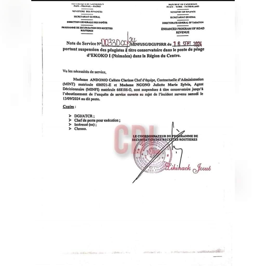 Le samedi 14 septembre 2024, une altercation a éclaté au péage d'Ekoko à Nsimalen, au Cameroun, entre deux péagistes et un général de brigade, Assoualai Blama. Les deux femmes, Mme Andomo Calixte Clarisse et Mme Ngono Juliette Marie Sylvie, ont été suspendues de leurs fonctions à titre conservatoire en attendant l'issue d'une enquête ouverte sur l'affaire.